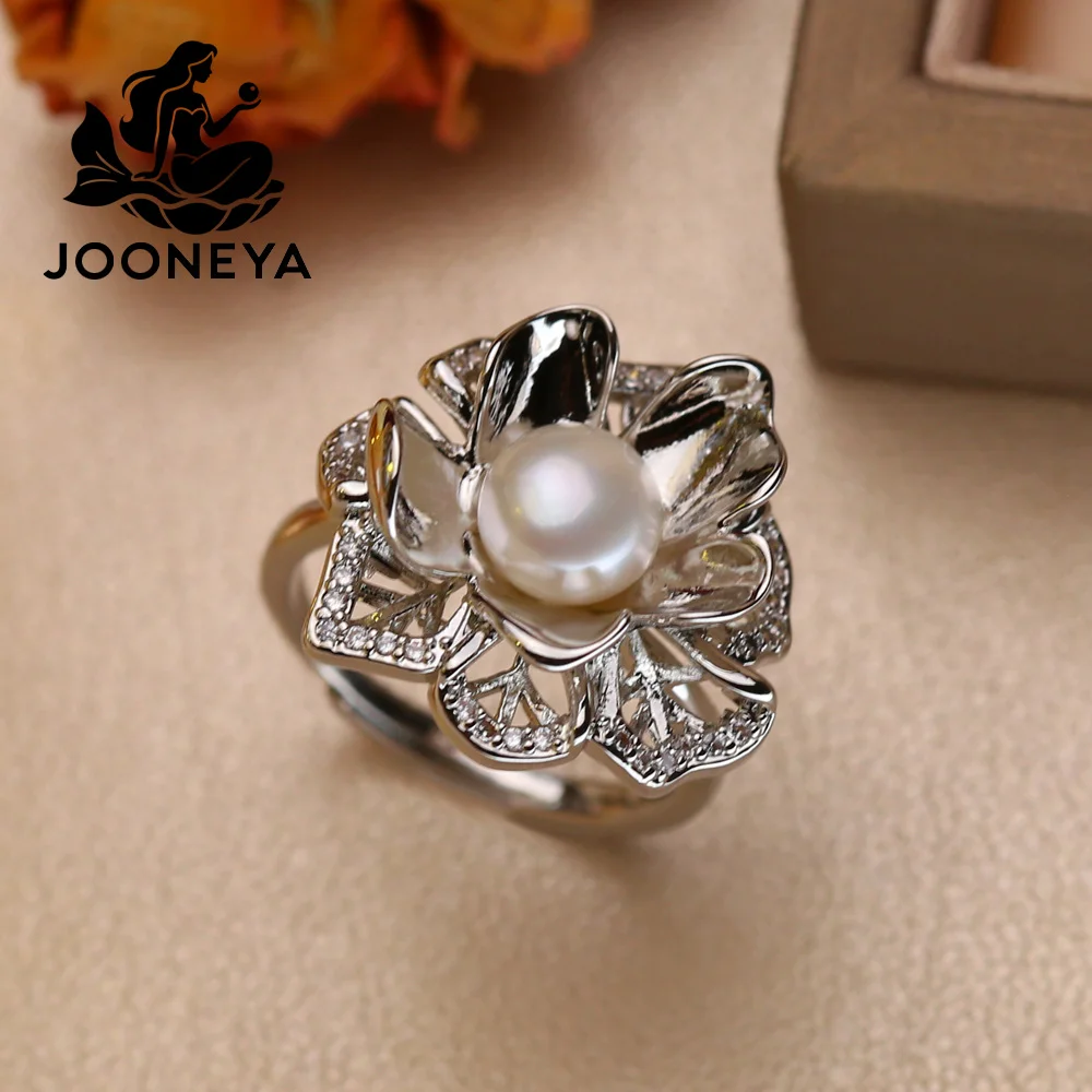 

Flower Natural Freshwater Pearl Ring Cultured White Cubic Zirconia Pearl Ring For Women