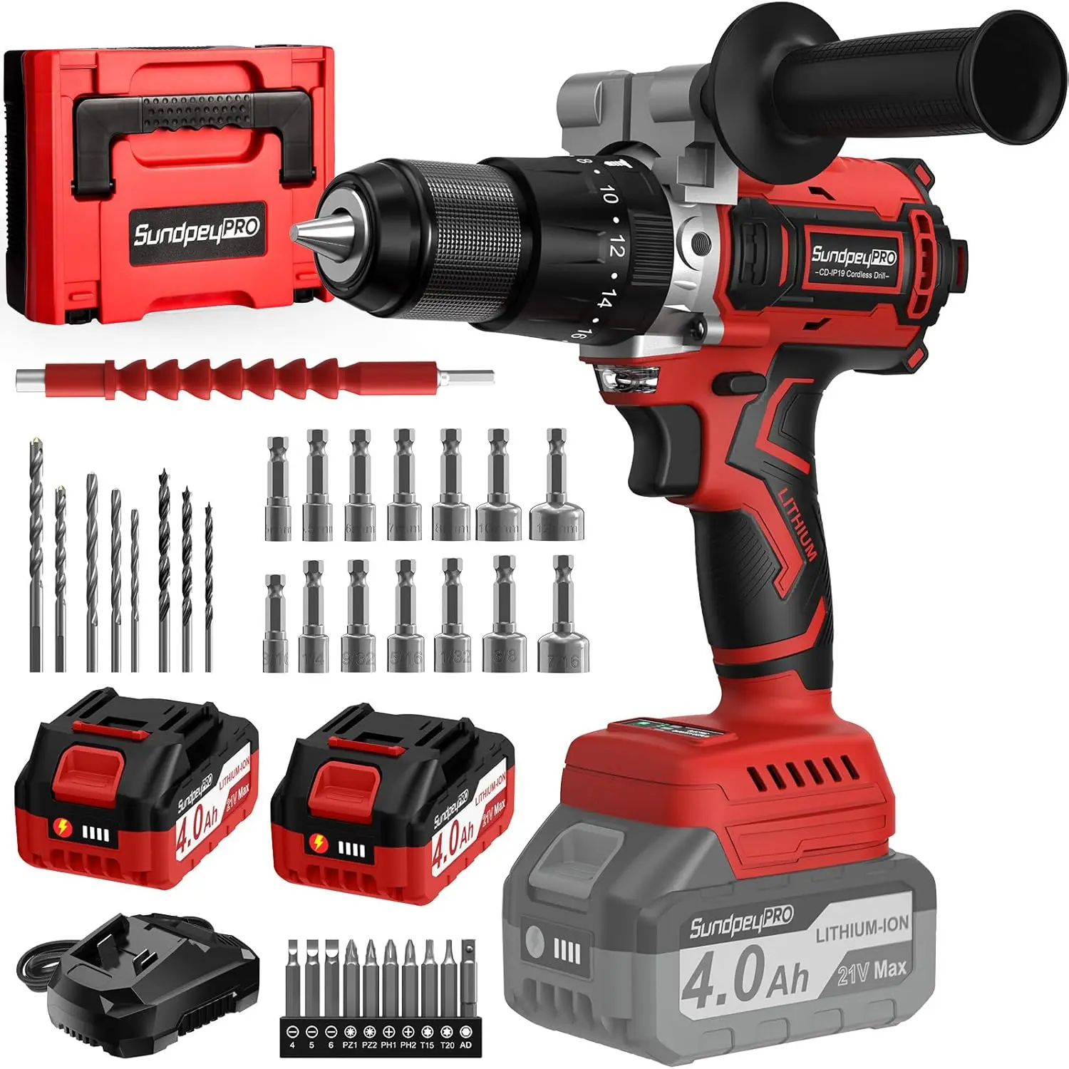 

21V Brushless Hammer Drill with 2x4.0Ah Batteries, 1060 in·lbs Torque, 2 Speeds, 1/2" Metal Chuck