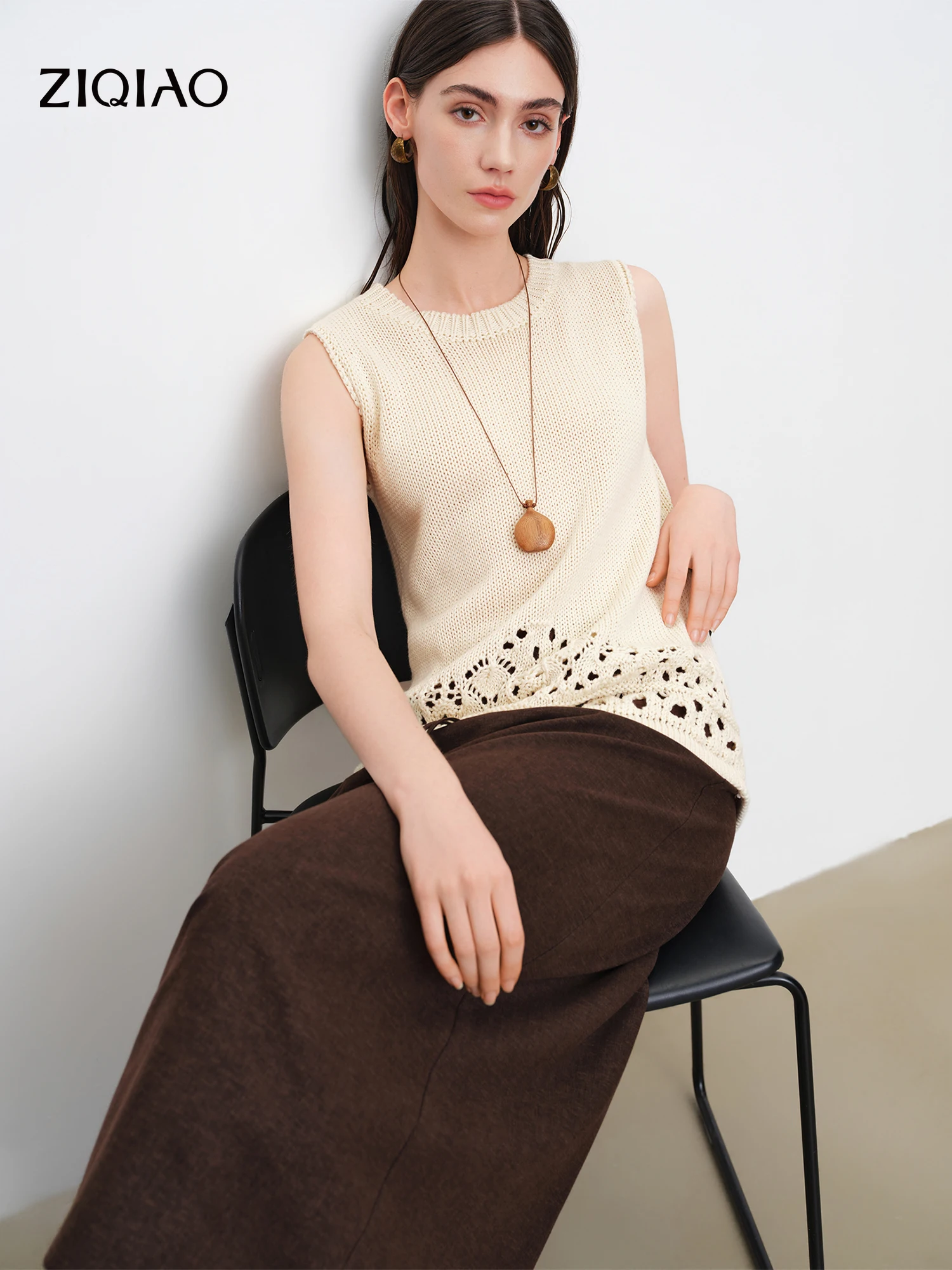 ZIQIAO Women Hollow Crochet Knit Sleeveless Top 2026 Summer New Arrival Textured Casual Tank Vest Cotton Contain Pullovers