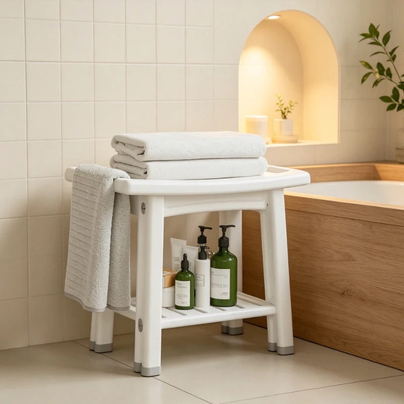 Bathroom Shower Stool with Double Layer Storage, Non-Slip Bath Seat for Elderly & Kids, Entryway Shoe Changing Bench