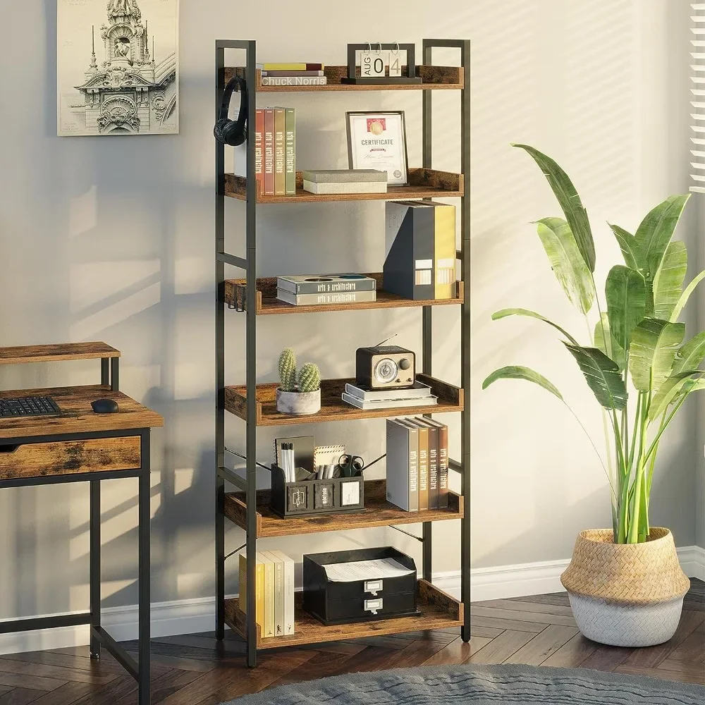 

Bookshelf 6 Tier with 4 Hooks, Vintage Storage Rack with Open Shelves, Rustic Standing Bookshelves Metal Frame Display Rack