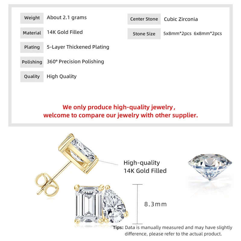 OXTAO Two Stone Cubic Zirconia Stud Earring Emerald &Pear Cut for Women Statement Earrings Wedding Party Jewelry 14K Gold Filled