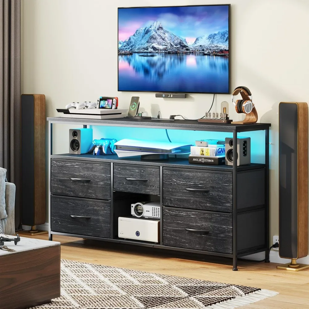 

TV Stand with LED Lights & Power Outlets, Entertainment Center for 50 Inch TV, 5 Drawers TV Stand for Bedroom Dresser