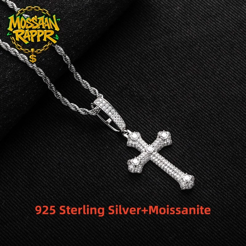 

MossanRappr 3.984cttw Moissanite Classic Cross Pendant Hip Hop Necklace 925 Sterling Silver Heavy Metal Fashion Jewelry for Men