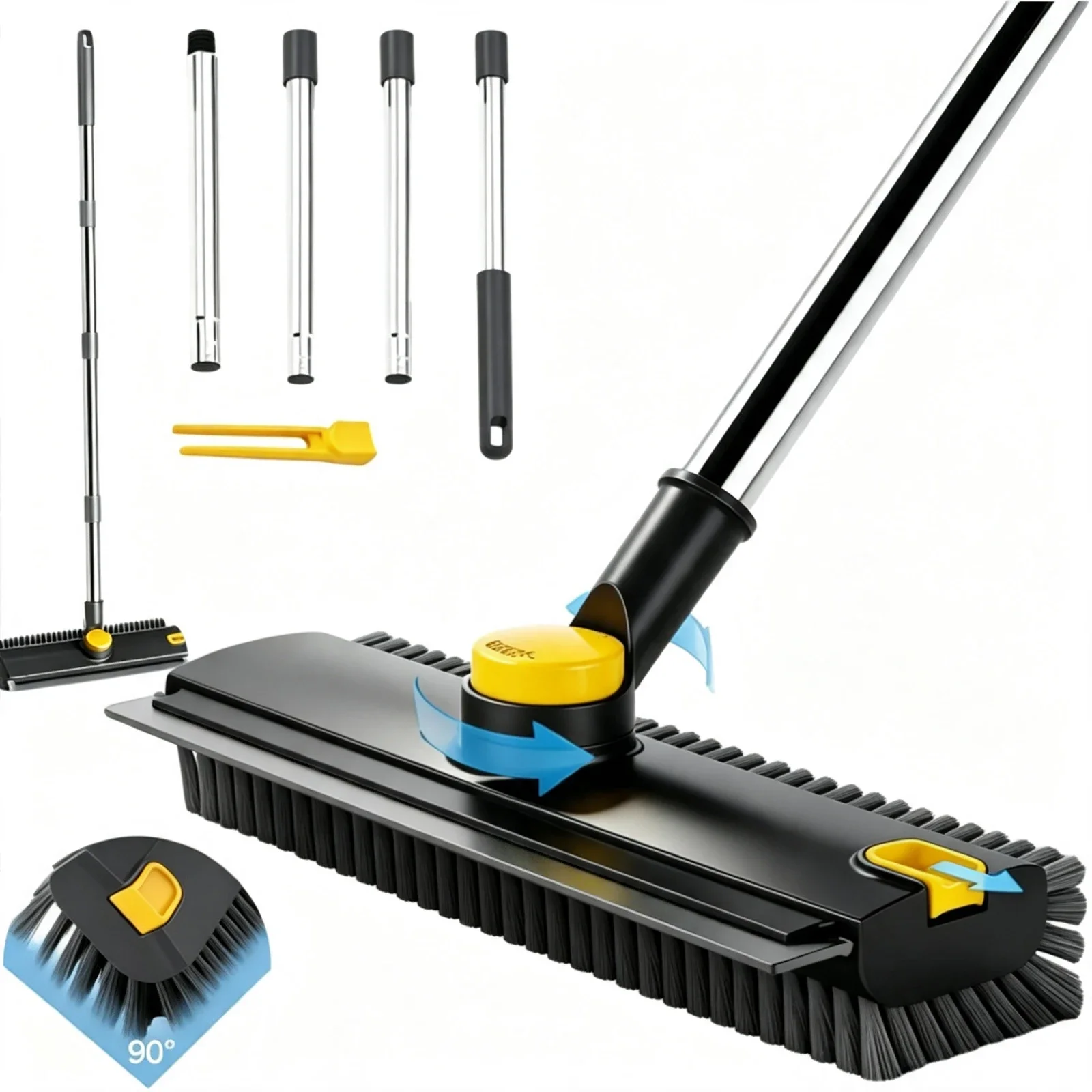 3-in-1 Long Handheld Floor Scrubber Brush Hard Scrape Blade Rigid Bristles for Bathroom Pool Patio Wall Lawn White&Grey