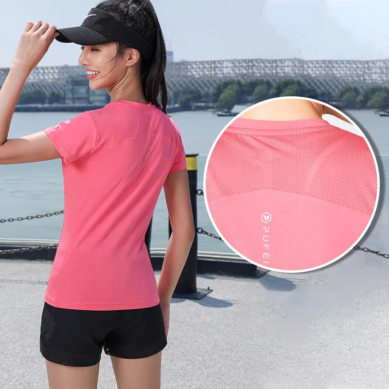 Women Quick Dry Sport T-shirt Elastic Tights Breathable Workout Fitness Tops Running Hiking Yoga Short Sleeved Tee Shirt MM436