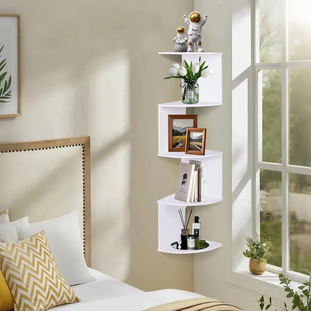 

Угловая настенная полка, 5-ярусная угловая плавающая полка для дома, спальни, офиса, ванной комнаты, гостиной, декоративная книжная полка (wh)