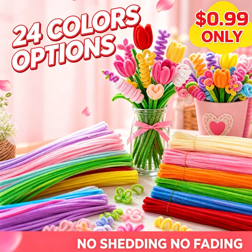 1000 Chenille Wire Pipe Cleaners Creative Wires Cleaners Colorful Stems DIY Plush Stem Wired Twist Stick Hair Strip Kid Handmade