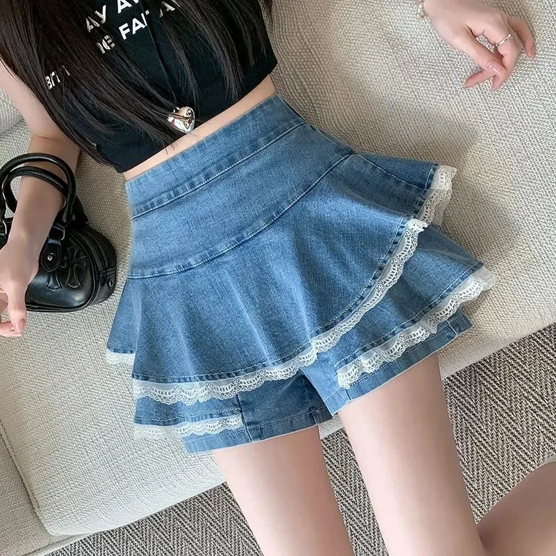 Short Denim Pants for Women 2026 New Spring Lace Splice Elastic Waistband Korean Version Denim Skirt Pants Wide Leg Pants