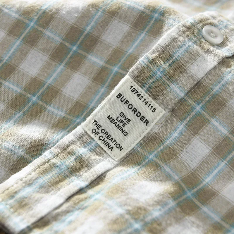 Vintage Classic Plaid Cotton Long Sleeve Blue Shirt Male Casual Slim Fit Button Up Shirt Clothes