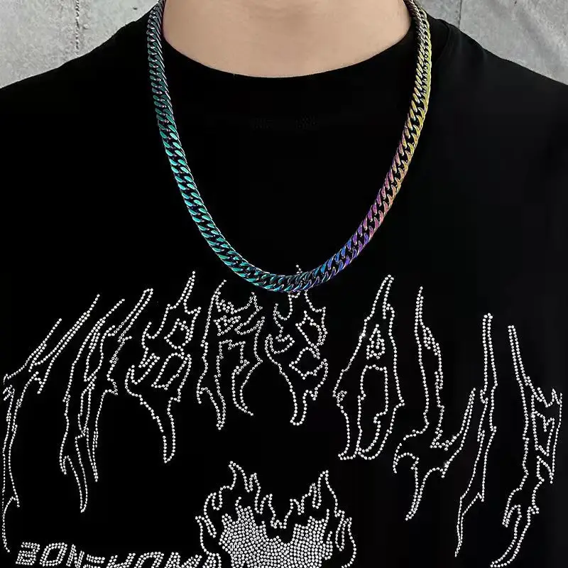 Stainless Steel Quenched Colorful Double Woven Cuban Link Chain Necklace for Men Women Hip Hop DIY Jewelry