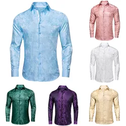 Sky Blue Mens Shirts Spring Autumn Paisley Long Sleeve Lapel Shirt For Men Jacquard Business Party Wedding Designer Hi-Tie