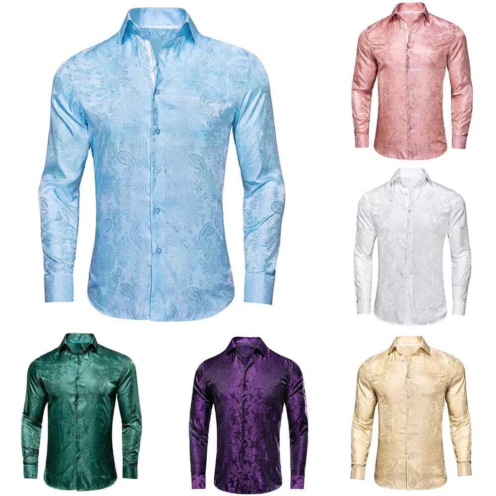 Sky Blue Mens Shirts Spring Autumn Paisley  Long Sleeve Lapel Shirt For Men Jacquard Business Party Wedding Designer Hi-Tie
