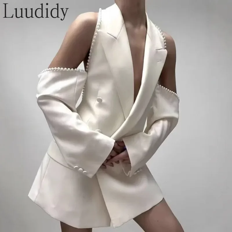 

Женский белый блейзер с открытыми плечами и пуговицами, сексуальный офисный костюм для женщин