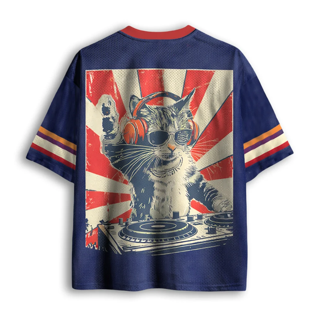 Vintage DJ Cat Headphone Turntable Print Mesh V Neck Jersey, Short Sleeve Loose Breathable Funny Animal Streetwear Tee