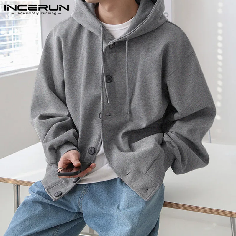 Handsome Well Fitting Tops INCERUN Mens Solid Loose Fitting Hooded Button Design Sweater Casual Male Hot Sale Sweatshirts S-5XL