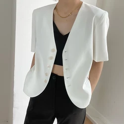 New Korean Fashion Thin Coat Women Summer Blazer Short Sleeve V-neck Single Breasted Office Lady Tops High Quality Clothing