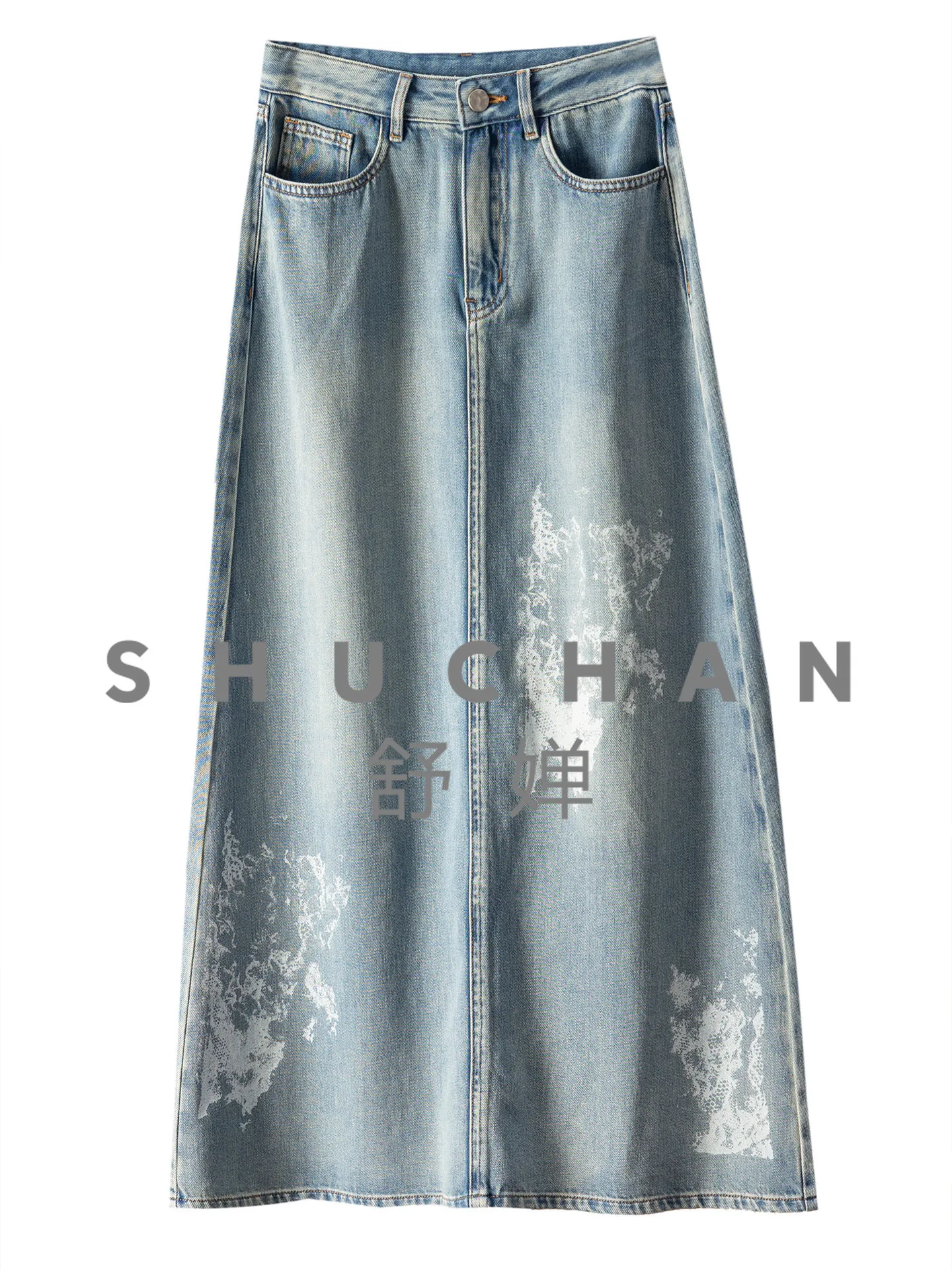 

Denim Skirt High-quality French G Fashion Glue Printing Contains Tencel High-waisted Split Denim Skirt Women 78I4