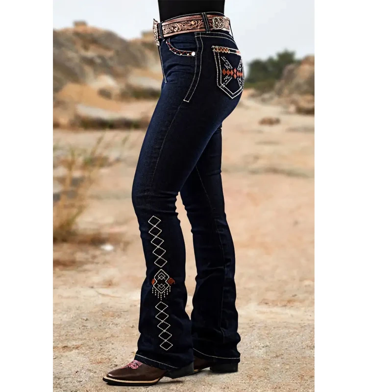 【جينز Y2K المتعثر】جينز جينز عالي الارتفاع قابل للتمدد من قماش الدنيم، تطريز كلاسيكي أنيق من حجر الراين للمناسبات الكاجوال أو الأنيقة