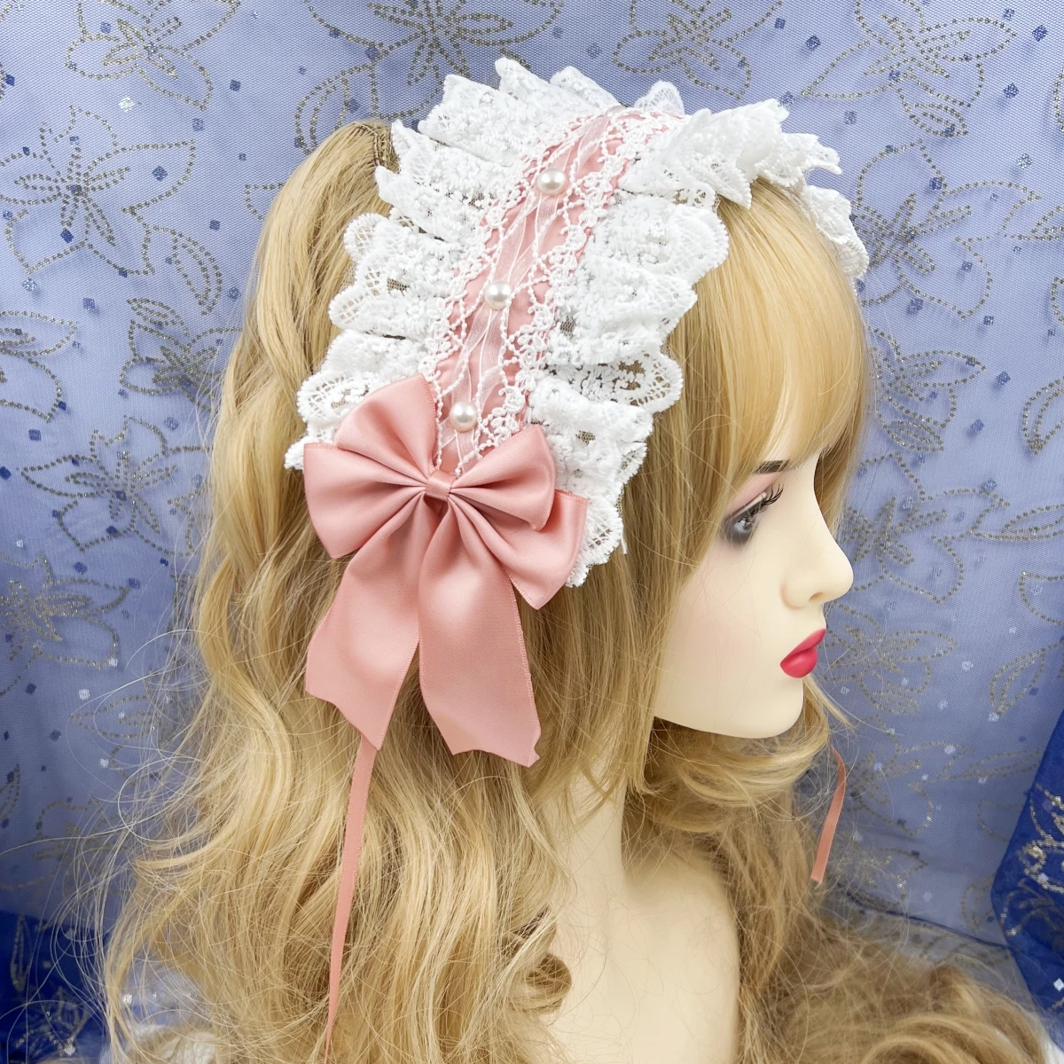 Forcina per capelli larga in pizzo da donna barocca Lolita fascia per capelli con fiocco laterale in raso senza Clip a becco d\'anatra accessori per