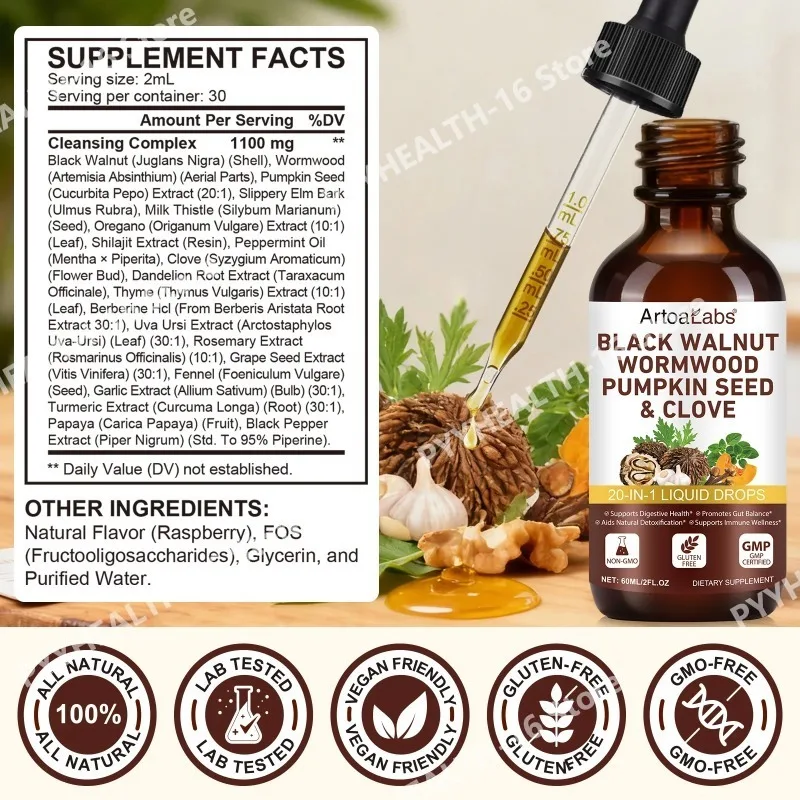 Black Walnut Wormwood Pumpkin Seed & Clove 20-IN-1 Liquid Drops Supports Botanical Digestive Health Gut Balance with FOS 60 ML