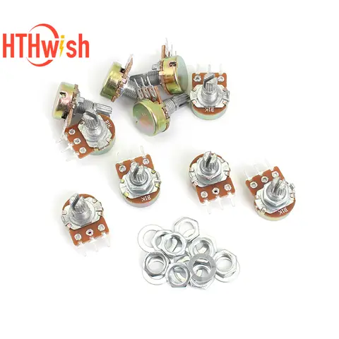 20 st. 15 mm 3-polig WH148 linjär potentiometer med muttrar och brickor, resistans 1K 2K 5K 10K 20K 50K 100K 250K 1M potentiometrar, kit 10 best sales 10k potentiometer - №2