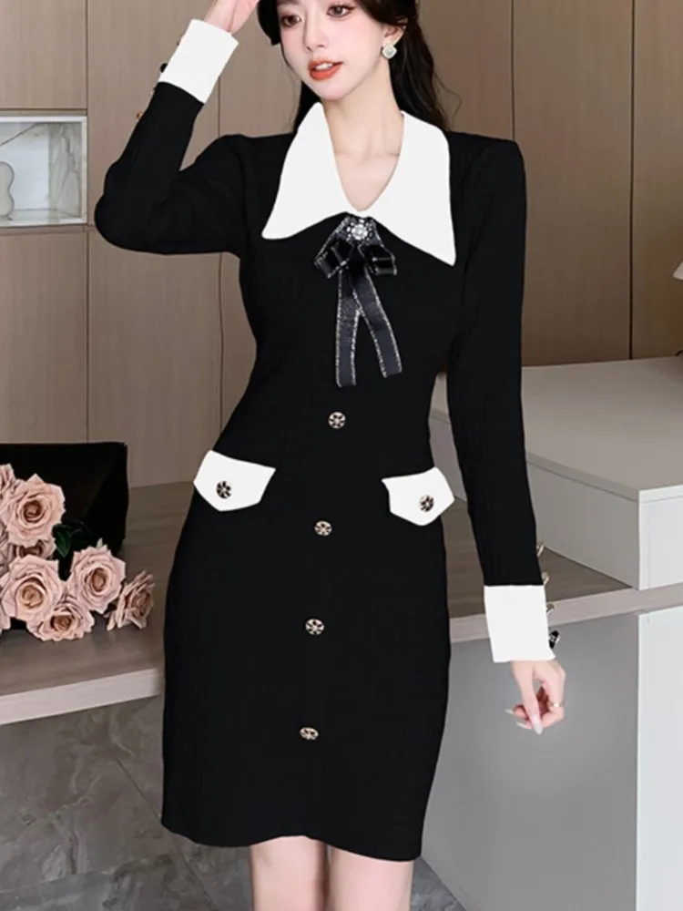 Autumn New Fashion Bow Long Sleeve Knitted Dress for Women Elegant Office Lady Midi Party Dresses One Piece CasUAL Vestido Mujer