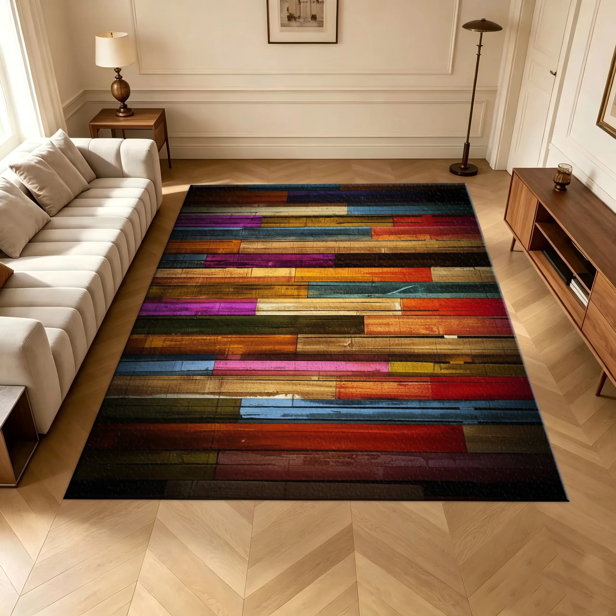 Colorful Wood Grain Style Carpet Flooring Bohemian Large Area Rug for Living Room Game Room Indoor Home Decor