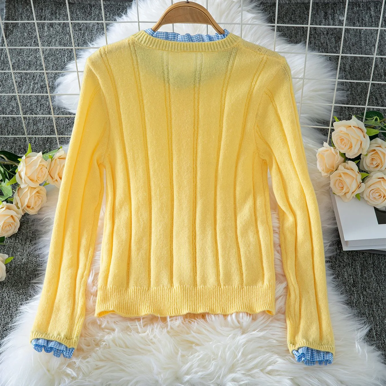 Cross-border foreign trade sweater knitted cardigan women's autumn ruffle edge splicing slim short top with sweater cardigan