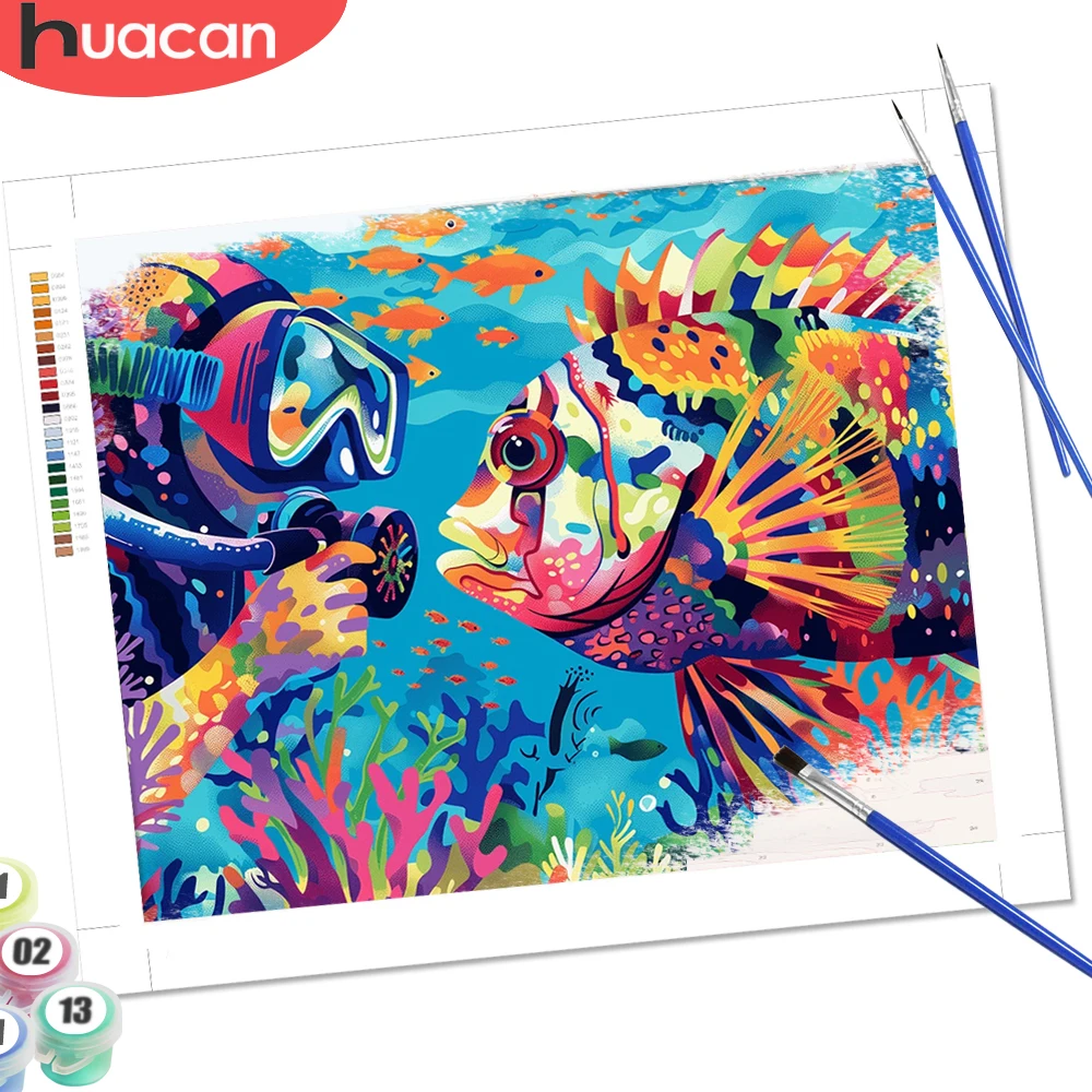 

HUACAN Adult Paint By Number Fish Landscape Drawing By Numbers Colorful Canvas Hand Painted Decor For Home