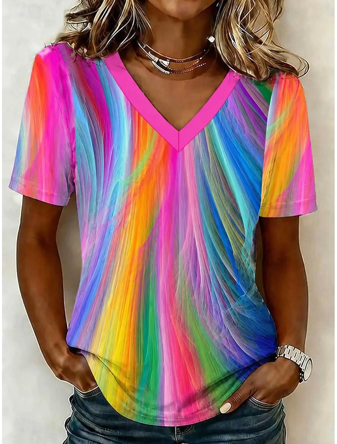 Women's Spring Summer 3D Printed V Neck T-Shirt, Rainbow Gradient Watercolor Brush Stroke Abstract Print Casual Street Daily Tee