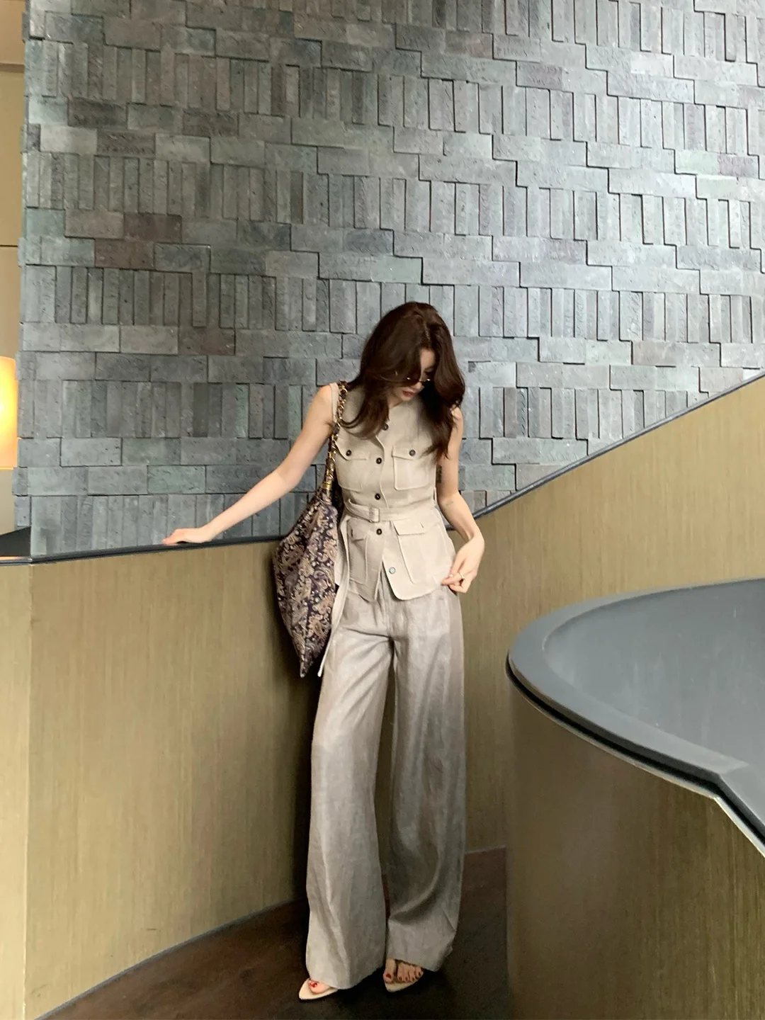 

Высококачественные льняные широкие брюки Dragon Xier, женские летние драпированные дышащие повседневные брюки с высокой талией, A2FCKZZ593