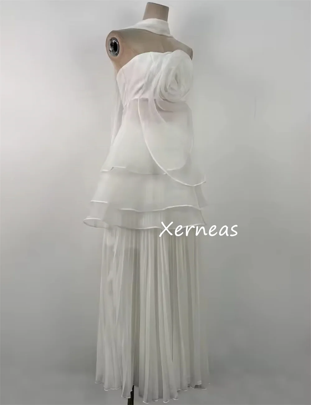 Customized Sparkle Chiffon Pleat Flower A-line Strapless Midi Dresses Bespoke Occasion Party Simple Modern Style