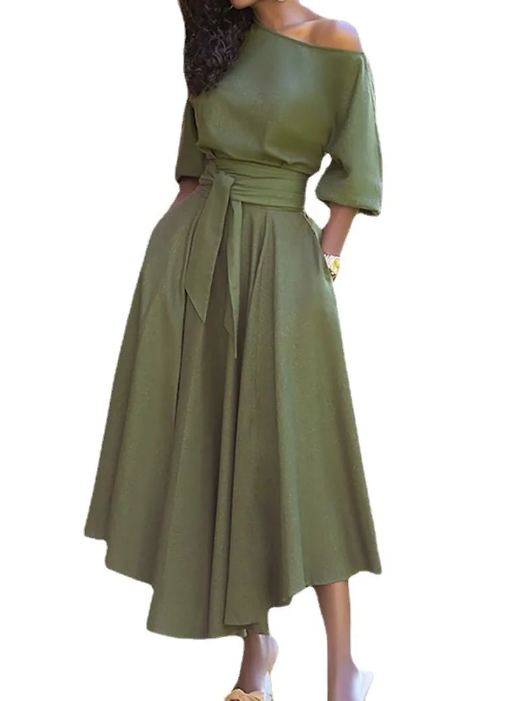 

Spring Fashion Woman's Solid Color Dress Female Slanted Collar Bare Shoulders High Waist Lace-up Dresses Autumn Ladies Vestidos