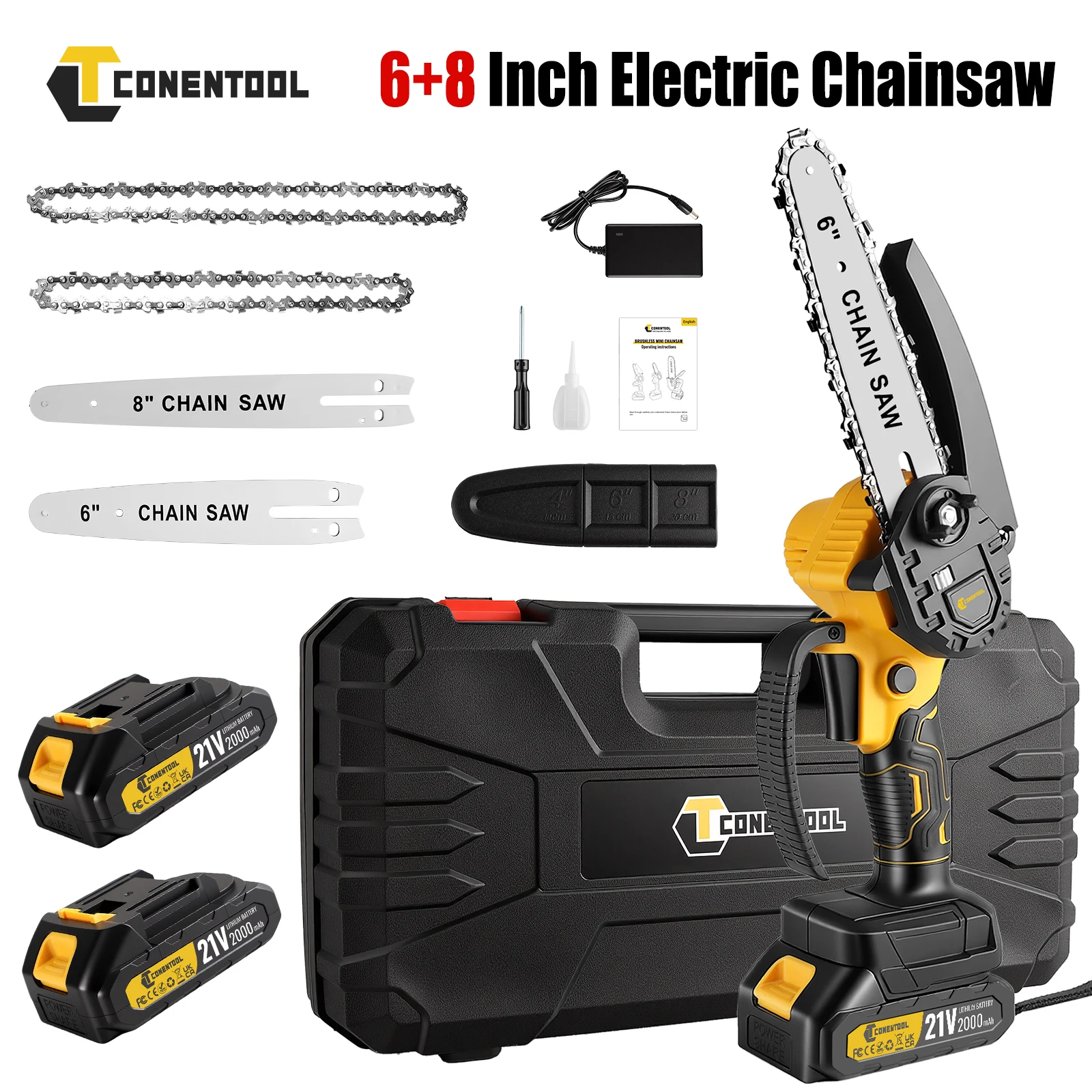 CONENTOOL Mini scies à chaîne électriques 6 pouces 8 pouces tronçonneuse avec 2 batteries 21V élagage Branches bois Machine de découpe outils de jardin