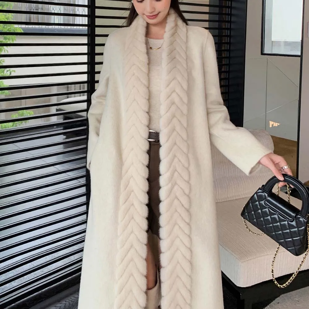 2025 inverno feminino jaqueta outerwear cinto 100% casaco de caxemira com gola de pele de vison real natural guarnição de pele de vison misturas de lã