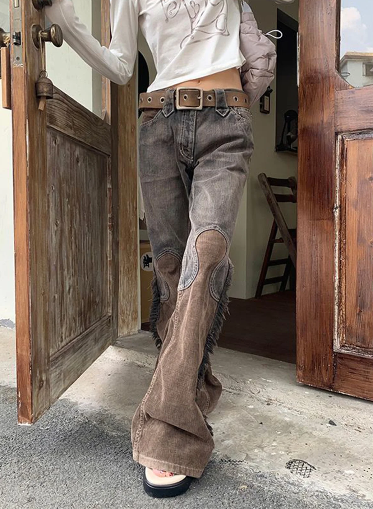 

Bell-Bottoms Tassel Splicing High Waist Y2k Denim Wide Leg Pants Women Heavy Washed Brown Straight Trousers 2024 Autumn Vintage