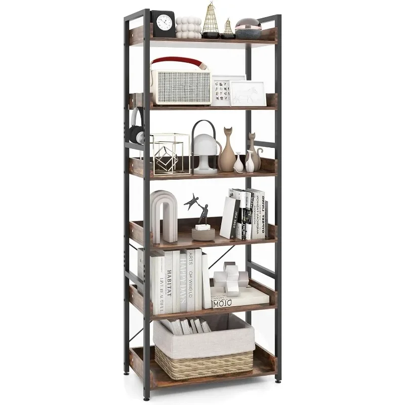 New arrivals 6-Tier Bookshelf, 70” Tall Industrial Bookcase w/Open Shelves & 4 Hooks, Storage Rack w/Metal Frame, Vintage Standi