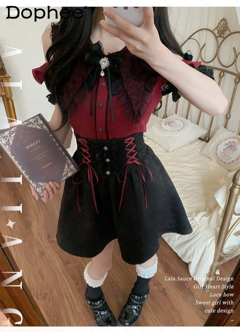 

Japanese Original Lolita Y2K Subculture Sweet Cool Girl Set Off-Shoulder Shirt Mass-Produced Off-Shoulder Two-Piece Set