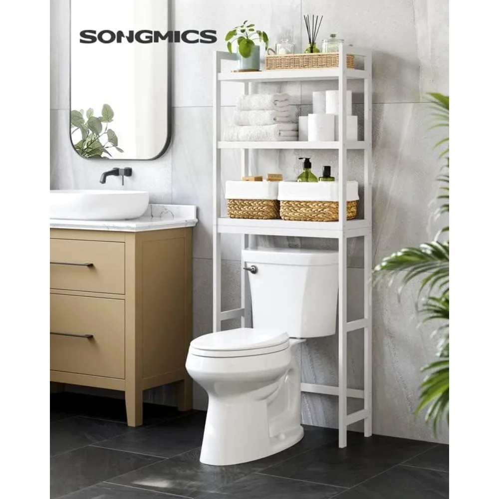 SONGMICS Over The Toilet Storage, 3-Tier Bamboo Over Toilet Bathroom Organizer with Adjustable Shelf, Fit Most Toilets, Space