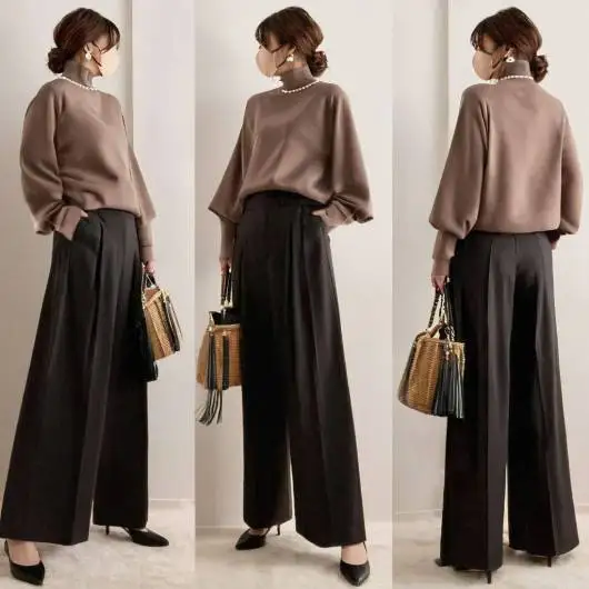 

Осень/зима 2025, новый модный однотонный свитер с высоким воротником + брюки, комплект из двух предметов