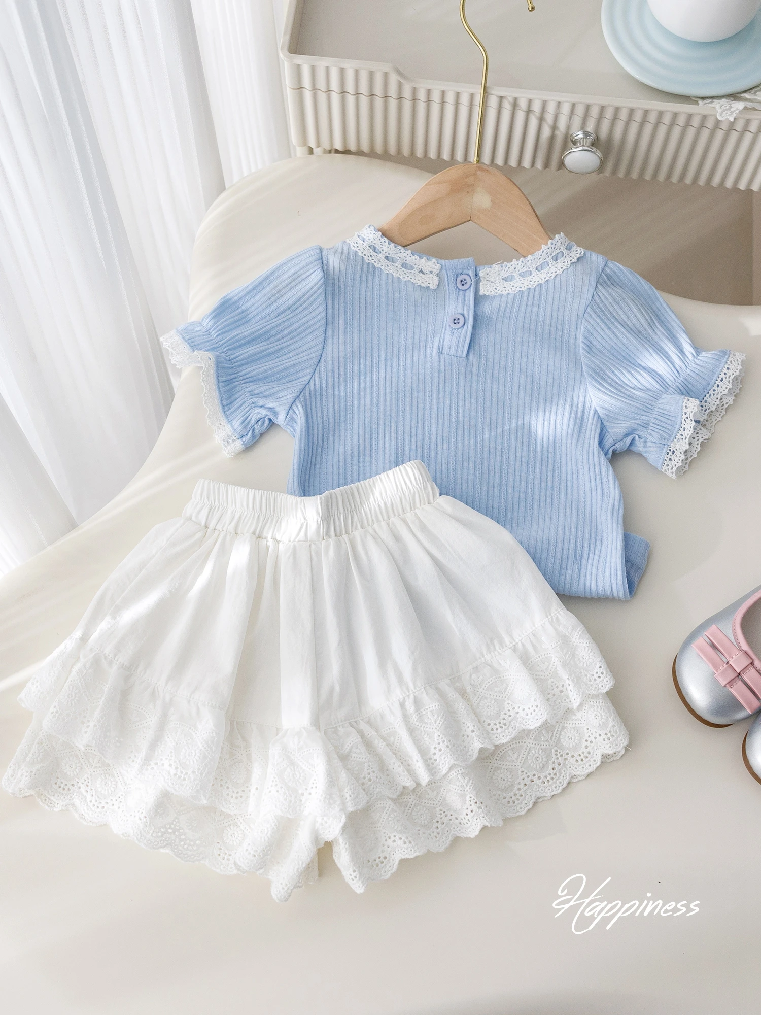 Baby Girls Short Sleeve Set Summer New Sweet Bow Lace O-neck T-shirt Top Fashion Jacquard Loose Shorts Two Piece Suit ﻿