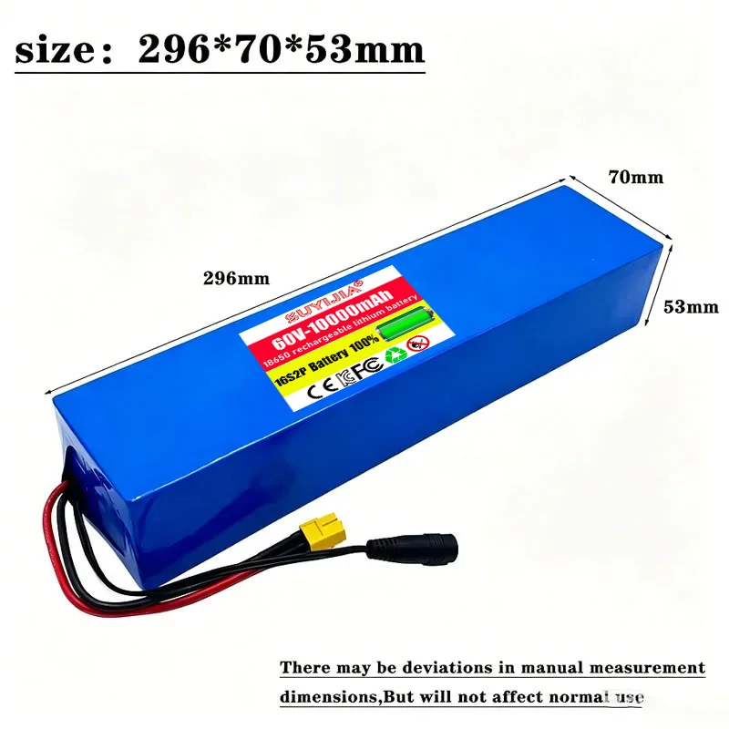 Batterie Lithium-Ion Renforcée , 60V 10Ah Cellule 18650, 16S2P 10000mAh pour Vélo Électrique/Scooter, Haute Capacité équipée BMS