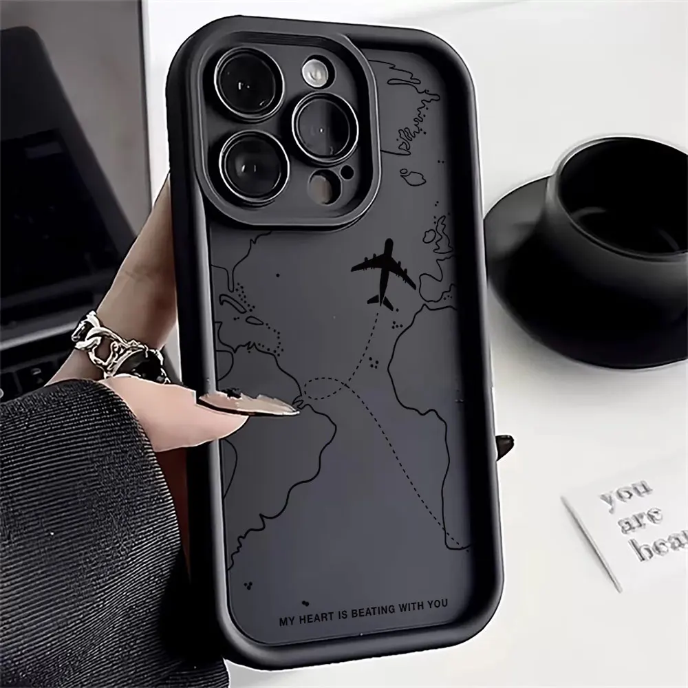 Soft Liquid Silicone Phone Case For iPhone 11 12 13 14 15 16 Pro Max XS X XR 7 8 15 16 Plus Travel-Inspired Airplane Route Cover