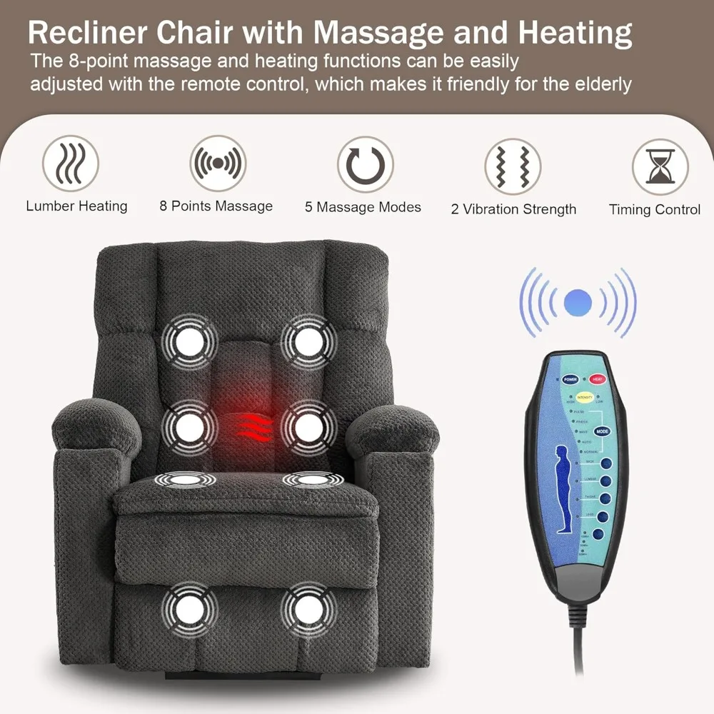 Fauteuil, elektrische liftstoel voor ouderen met massage en verwarming, ergonomische loungestoel met 2 bekerhouders aan de zijkant, enkele bank