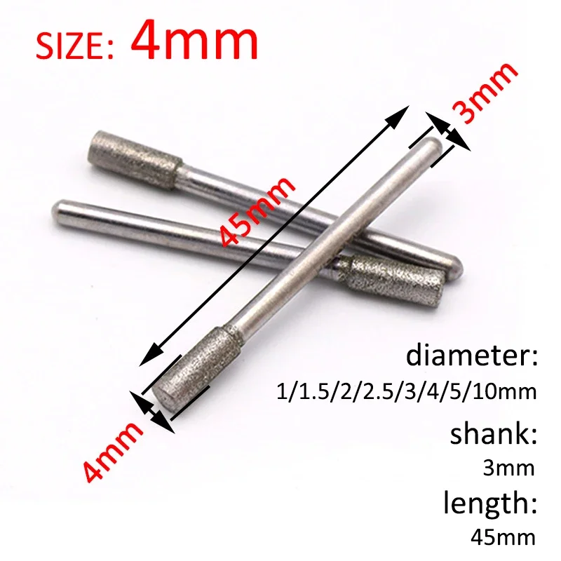 5 pz 1-10mm Diamante e CBN Testa di Rettifica Burr Point 3mm Gambo Intagliare Punte Per Incisione Testa Piatta Cilindrica per Dremel Rotary Too