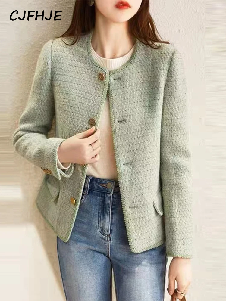 CJFHJE Classic Army Green All-Match Plaid Tweed Jackets Women Chicly Woolen Elegant Lady Coat Fashion High Street Blazers Female