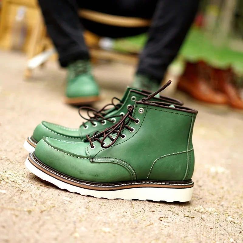 Goodyear-Welted Vintage Genuine Leather Ankle Motorcycle Boots Top Quality Round Toe Men Casual Dress Work Green Boots
