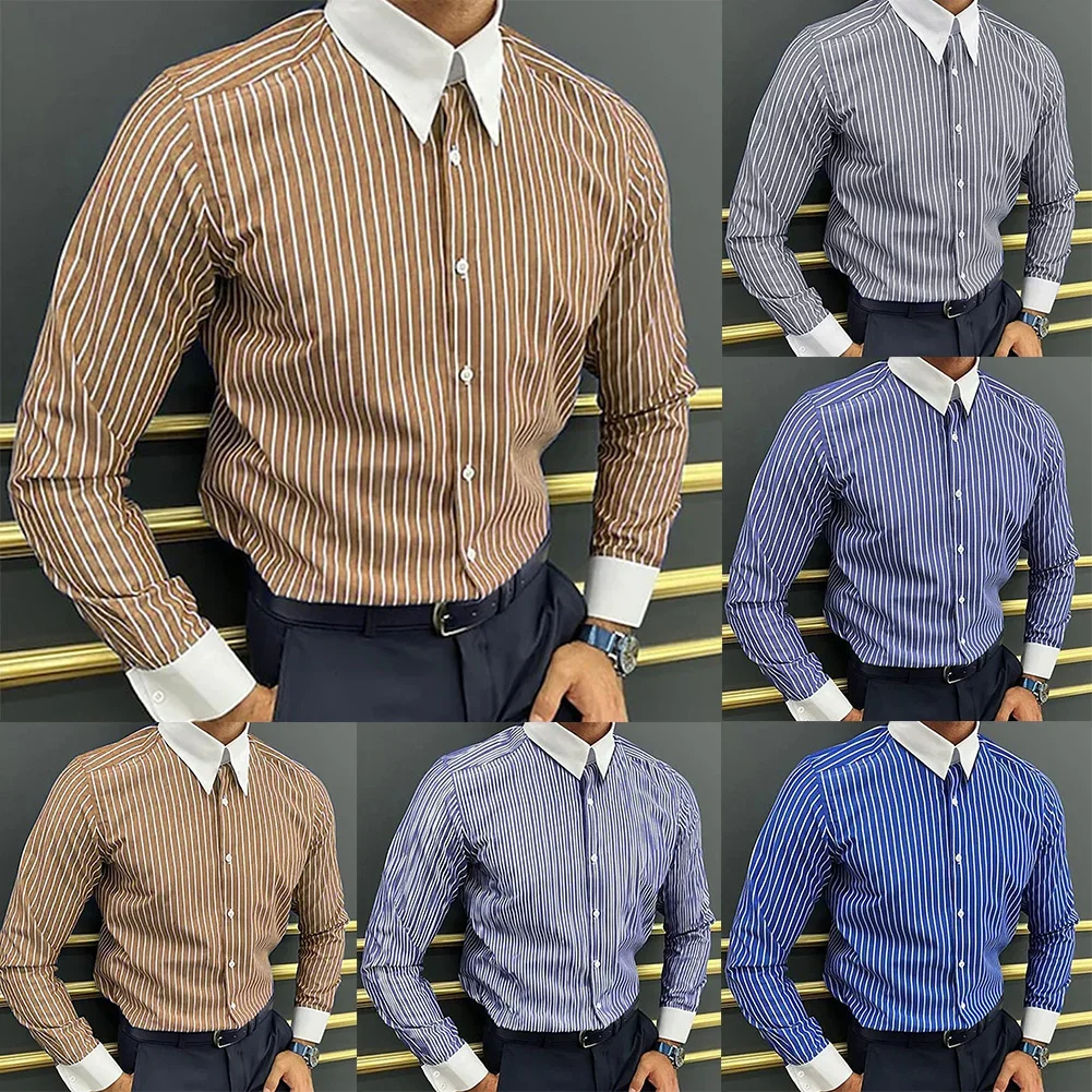 

For Business Meetings A,B,C,D,E Mens Casual Striped Shirt Mens Business Shirt Collared Neckline Brand New Condition