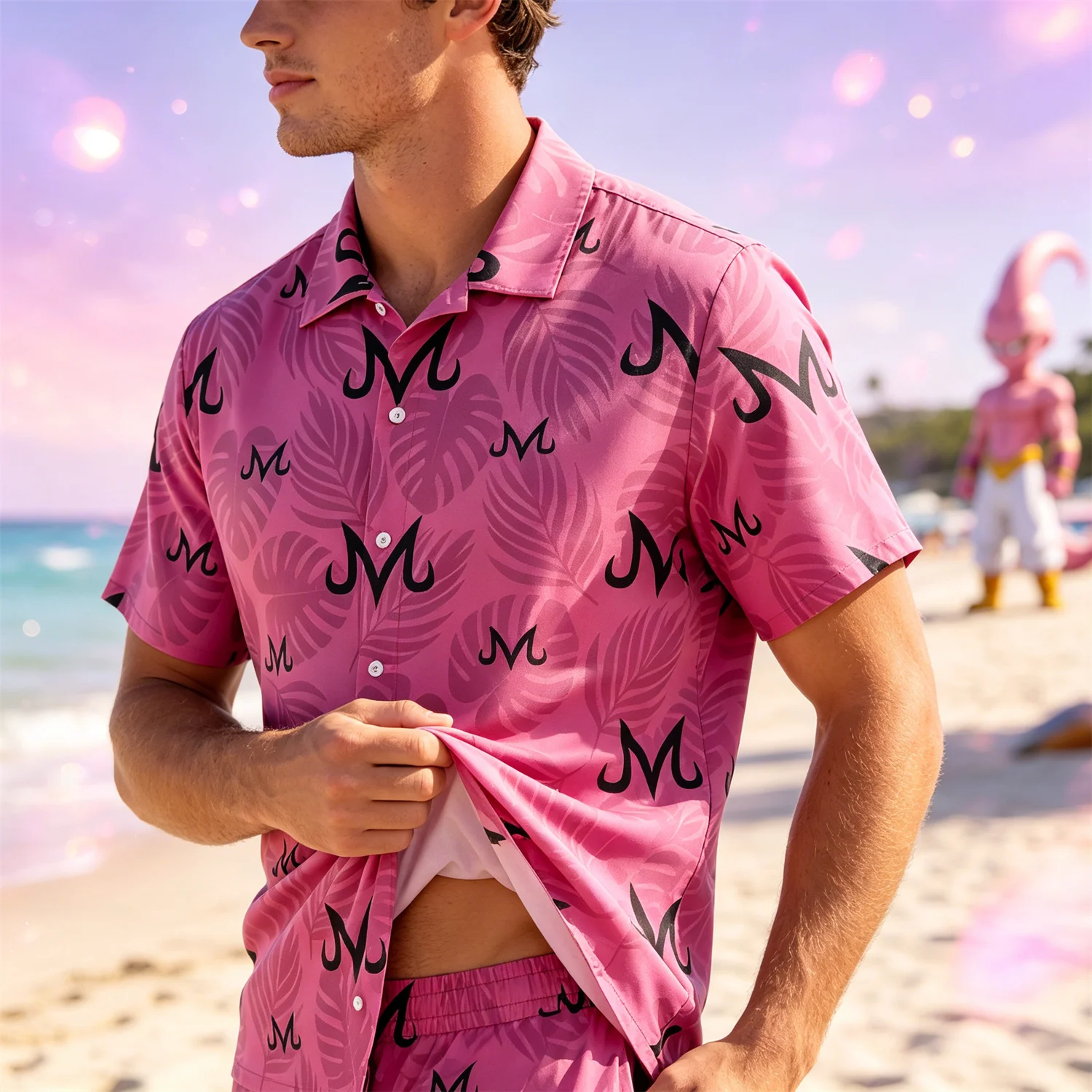Dragon Ball Majin Buu Symbol Tropical Leaf Hawaiian Shirt Pink Short Sleeve Button Down Casual Vacation Top For Anime Fans